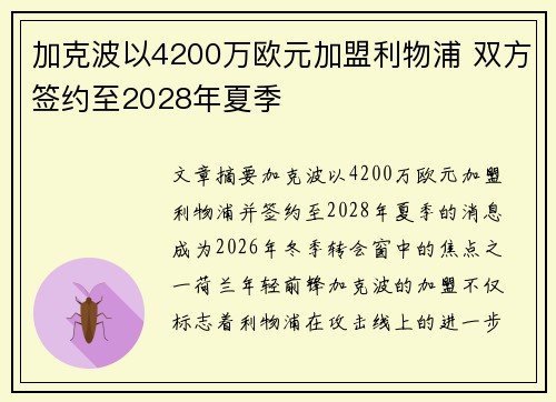 加克波以4200万欧元加盟利物浦 双方签约至2028年夏季 加克波以4200万欧元加盟利物浦 双方签约至2028年夏季