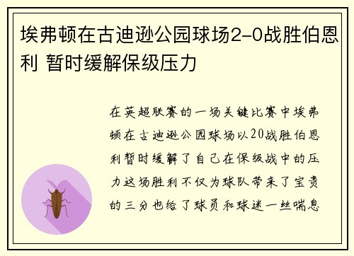 埃弗顿在古迪逊公园球场2-0战胜伯恩利 暂时缓解保级压力 埃弗顿在古迪逊公园球场2-0战胜伯恩利 暂时缓解保级压力